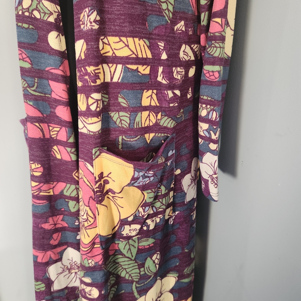 LuLaRoe Janet duster cardigan featuring a purple, floral, and Striped Pattern - Picture 6 of 14